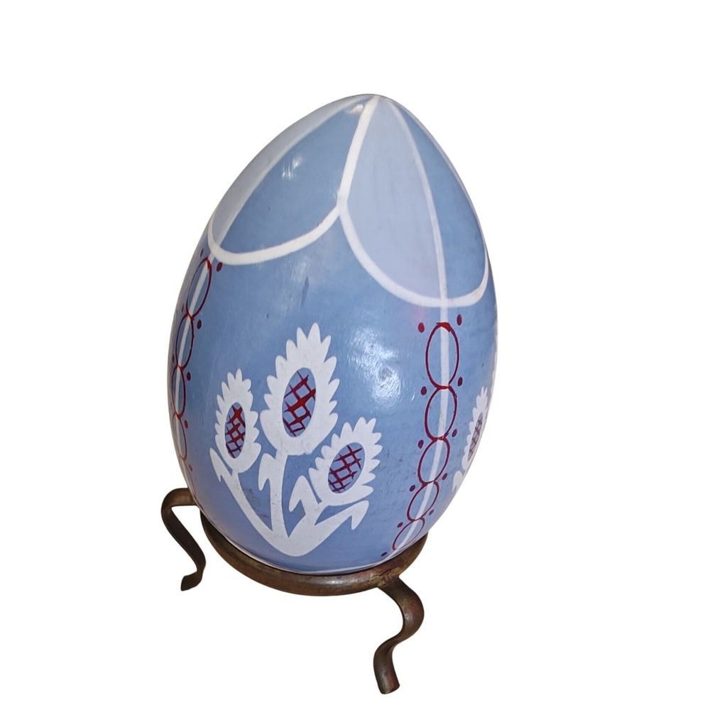 Decorative Egg Blue Hand Painted Wooden Folk Art Floral Pattern Decor